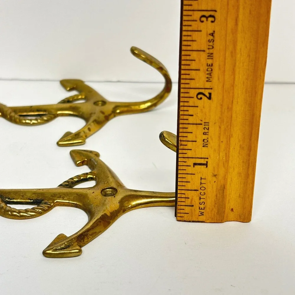 Vintage Solid Brass Anchor Wall Hooks Pair Nautical Coastal Maritime Decor